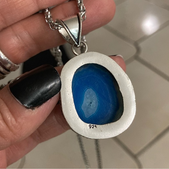 925 sterling silver overlay blue agate slice gemstone charm boho necklace . - Picture 7 of 13